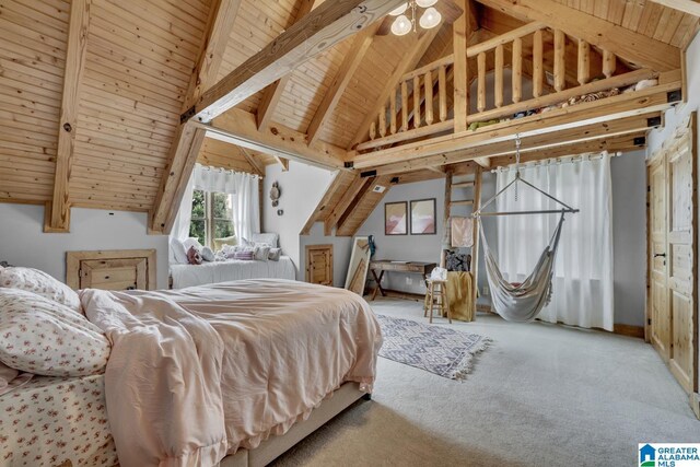 bedroom featuring carpet floors, beam ceiling, high vaulted ceiling, and wooden ceiling