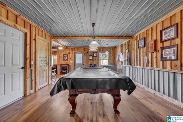 recreation room featuring beamed ceiling, billiards, light hardwood / wood-style flooring, and wooden ceiling