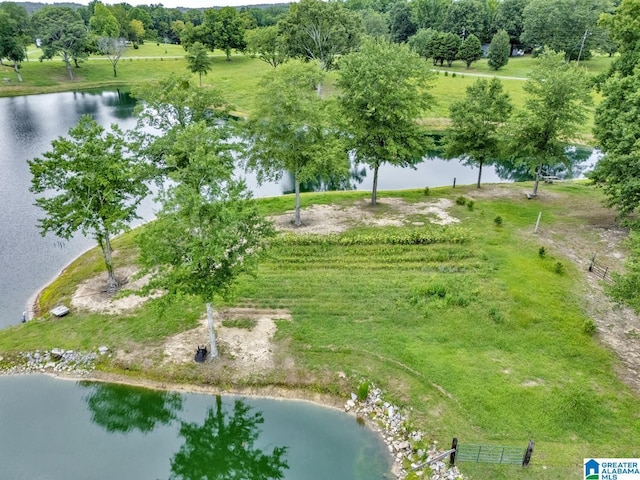 birds eye view of property featuring a water view and a rural view