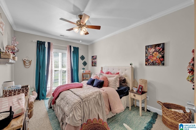 bedroom with ornamental molding, carpet flooring, and ceiling fan