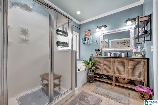 bathroom with tile patterned floors, vanity, crown molding, and separate shower and tub