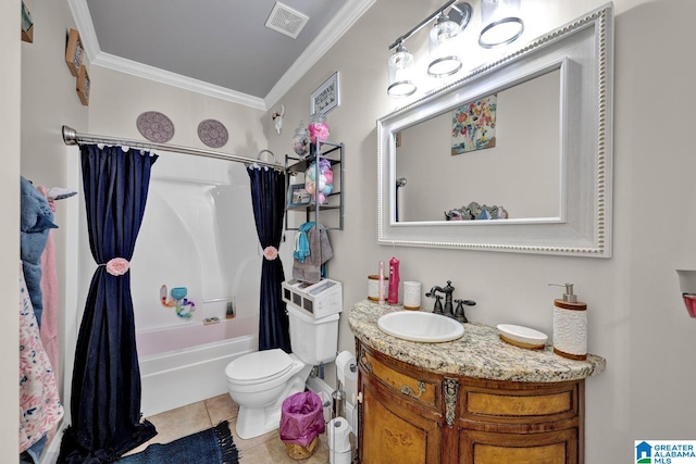 full bathroom featuring shower / bath combo with shower curtain, crown molding, toilet, vanity, and tile patterned flooring