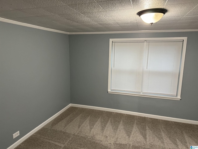 empty room featuring crown molding and carpet