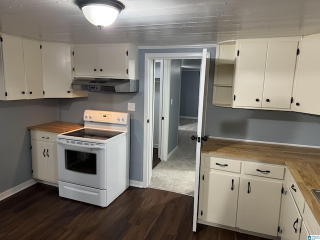 kitchen featuring butcher block counters, white electric range, dark hardwood / wood-style flooring, and white cabinets