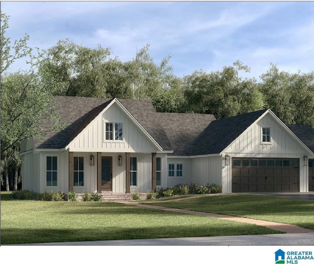 modern farmhouse featuring a garage and a front yard