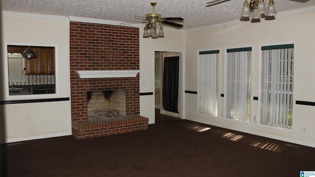 unfurnished living room featuring crown molding, carpet floors, a fireplace, a textured ceiling, and a ceiling fan