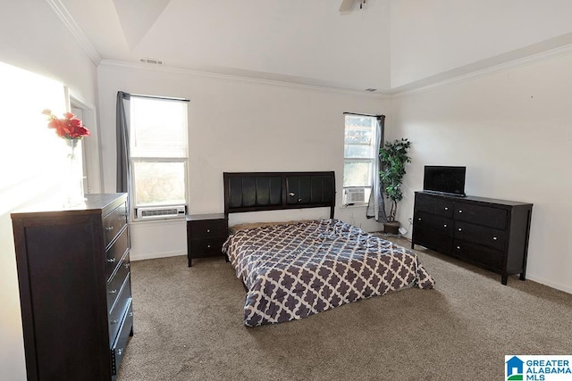 bedroom featuring cooling unit, multiple windows, light carpet, and crown molding