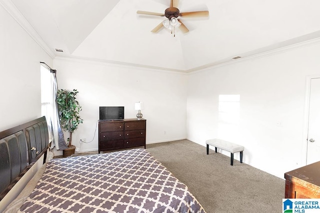 bedroom with carpet, lofted ceiling, ceiling fan, and crown molding