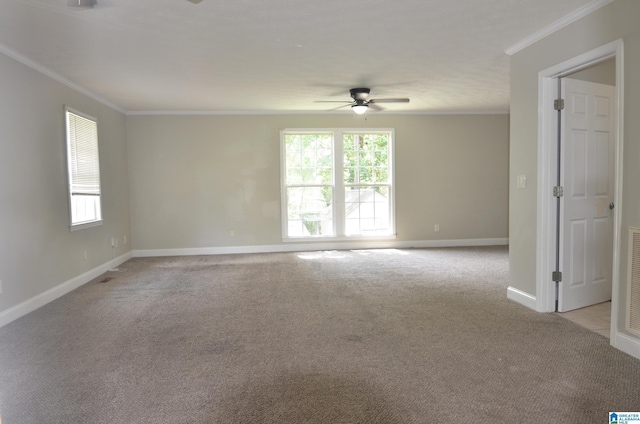 carpeted spare room with crown molding and ceiling fan