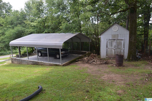 view of outbuilding with a lawn and a carport