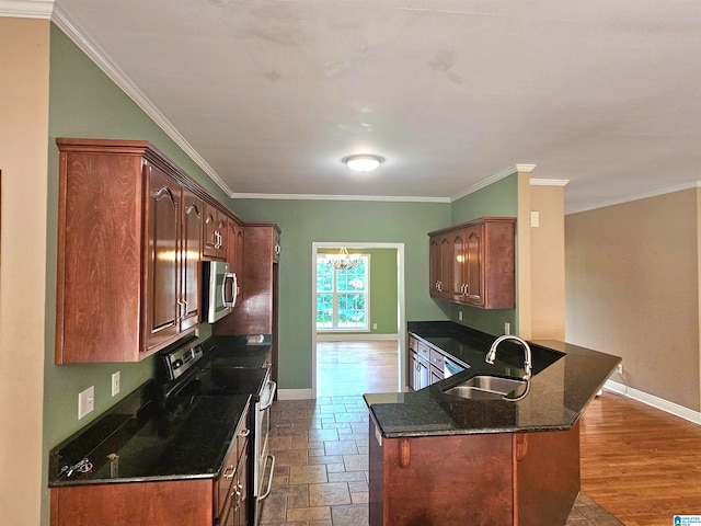 kitchen with dark hardwood / wood-style floors, electric range oven, sink, and ornamental molding