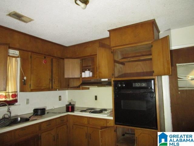 kitchen featuring white electric cooktop, oven, sink, and a textured ceiling