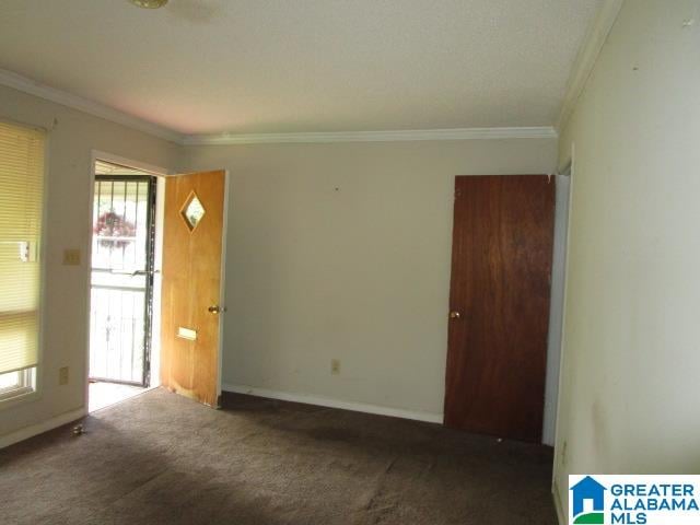 carpeted entryway featuring ornamental molding and a wealth of natural light