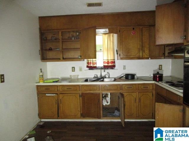 kitchen with electric cooktop, sink, and dark hardwood / wood-style flooring