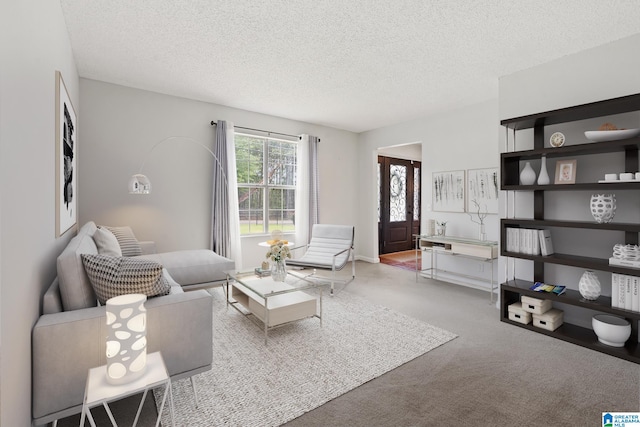 living room featuring carpet and a textured ceiling