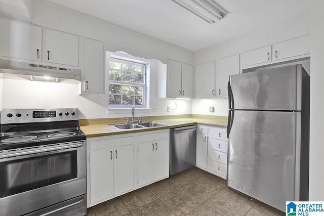 kitchen with appliances with stainless steel finishes, white cabinetry, and sink