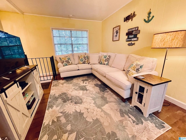 living room featuring crown molding and hardwood / wood-style flooring