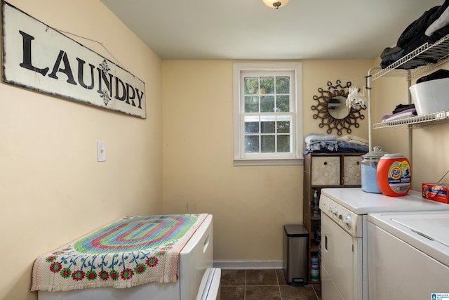 clothes washing area featuring independent washer and dryer and dark tile patterned flooring