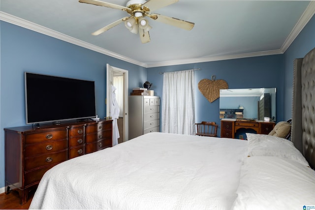 bedroom with ceiling fan, crown molding, and wood-type flooring