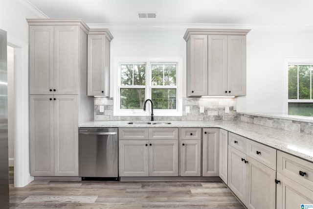 kitchen with sink, dishwasher, a wealth of natural light, and light hardwood / wood-style floors