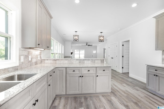 kitchen with decorative backsplash, crown molding, light hardwood / wood-style flooring, and a wealth of natural light