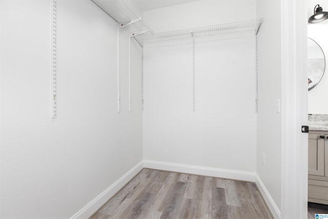 walk in closet with light hardwood / wood-style floors