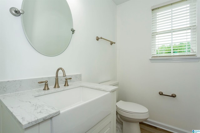 bathroom featuring hardwood / wood-style floors, vanity, and toilet