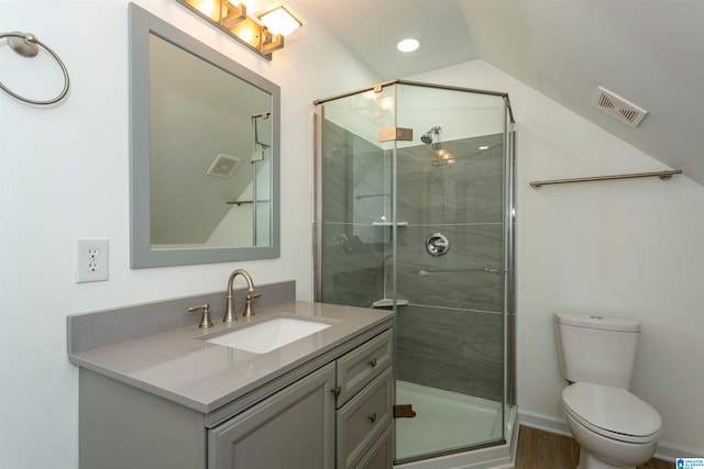 bathroom with vanity, walk in shower, toilet, and vaulted ceiling