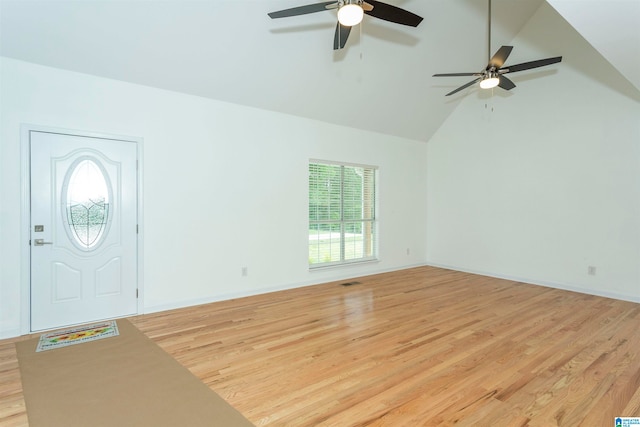 entryway featuring high vaulted ceiling, ceiling fan, and light hardwood / wood-style floors