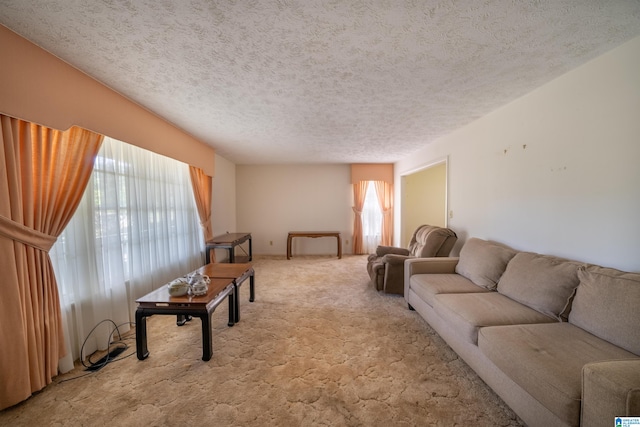 living room featuring a textured ceiling and carpet flooring