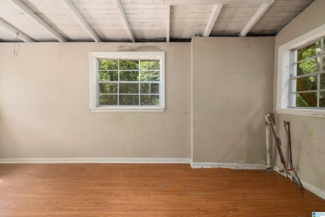 unfurnished room featuring wood ceiling, beamed ceiling, and hardwood / wood-style flooring