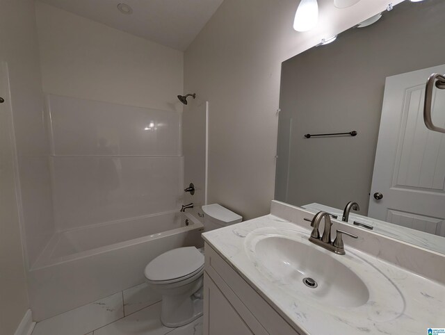 bathroom with shower / tub combination, marble finish floor, toilet, and vanity