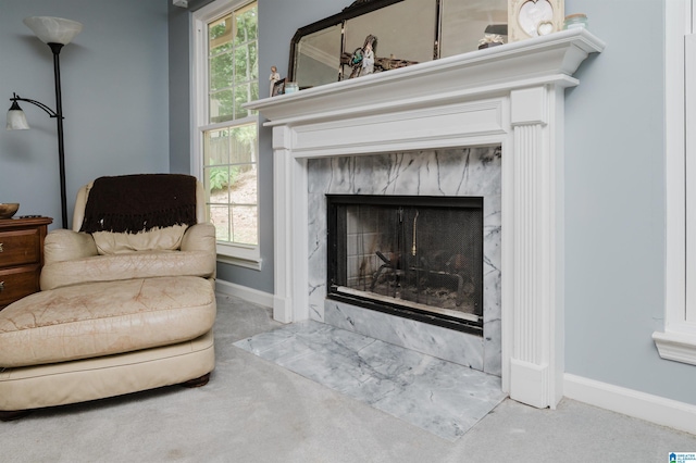 living area featuring a fireplace and light carpet