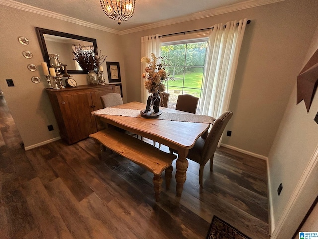 dining space featuring baseboards, ornamental molding, wood finished floors, and an inviting chandelier