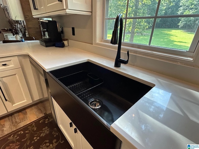 interior details with light countertops, white cabinetry, and a sink