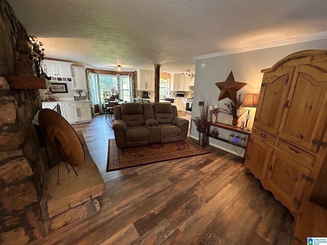 living area featuring dark wood finished floors, ornamental molding, and a textured ceiling