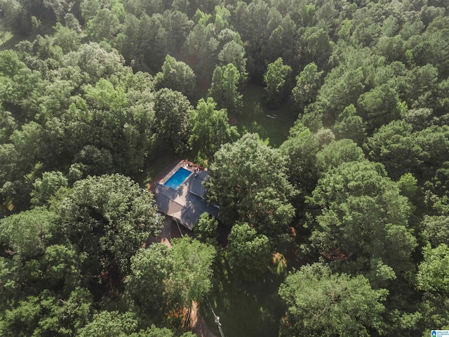 birds eye view of property featuring a forest view
