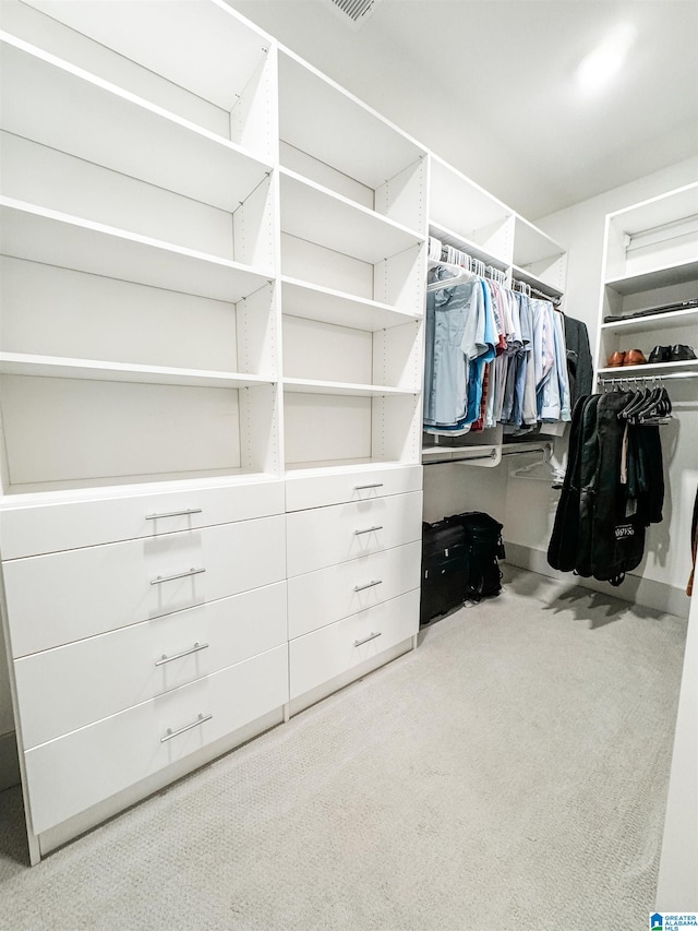 walk in closet with light carpet