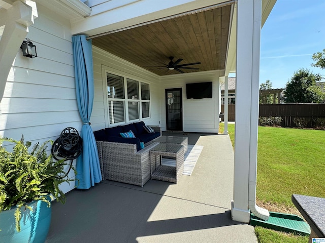 view of patio featuring an outdoor hangout area and ceiling fan