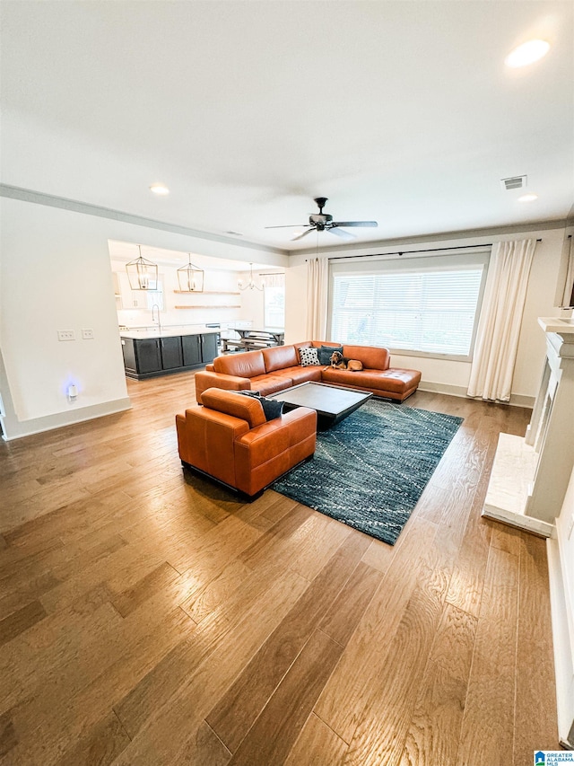 living room with hardwood / wood-style flooring, ceiling fan, and sink