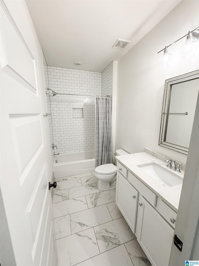 full bathroom with vanity, shower / bath combination with curtain, and toilet