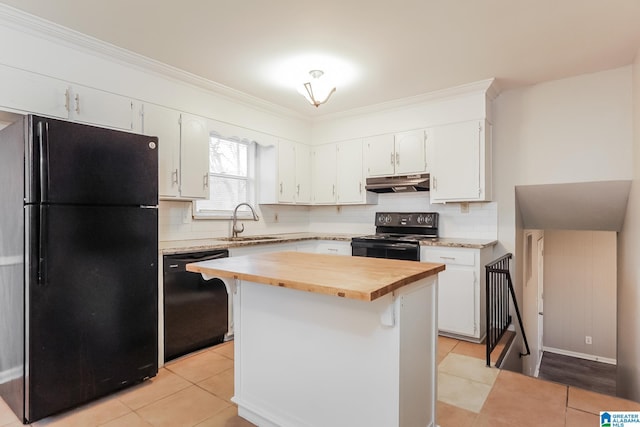 kitchen with white cabinets, a sink, under cabinet range hood, and black appliances