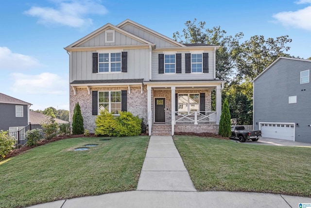 view of front facade featuring a porch, an attached garage, brick siding, a front lawn, and board and batten siding