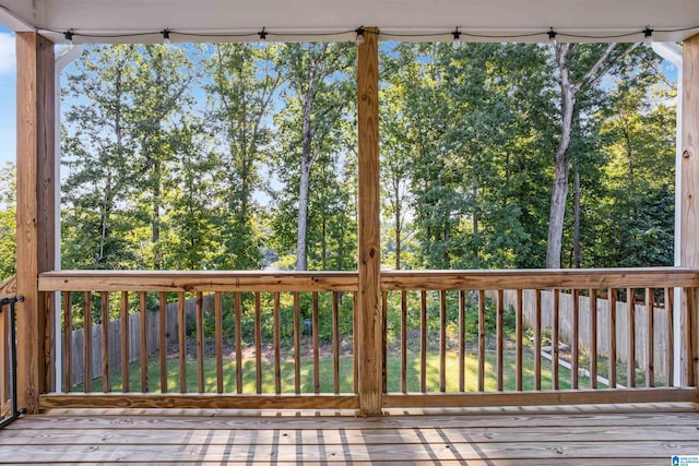 wooden terrace featuring fence