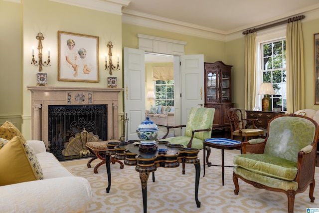 living room featuring crown molding