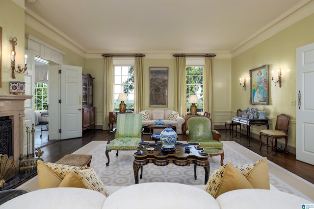 living room featuring crown molding and dark hardwood / wood-style flooring