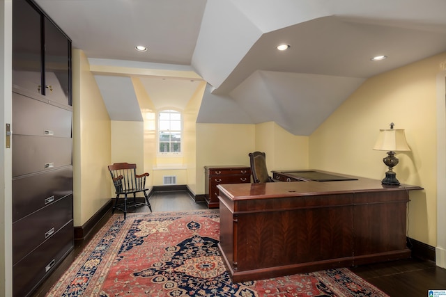 office space with wood-type flooring and vaulted ceiling