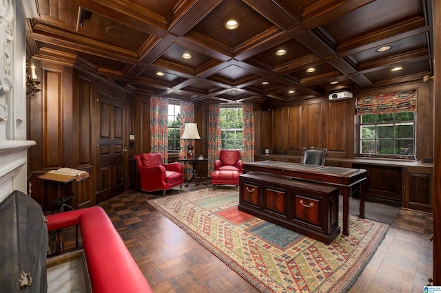 office area with parquet floors, beamed ceiling, wood walls, ornamental molding, and coffered ceiling