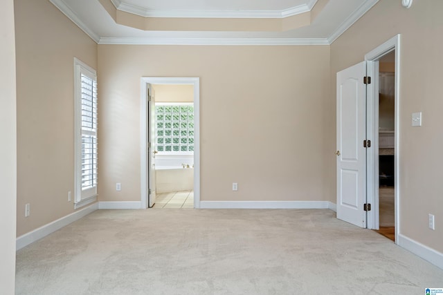 unfurnished bedroom with light carpet, ensuite bath, and a raised ceiling