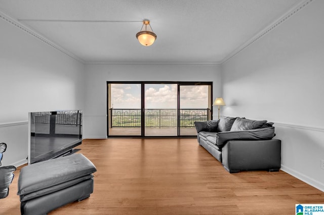 living room with crown molding and light hardwood / wood-style flooring